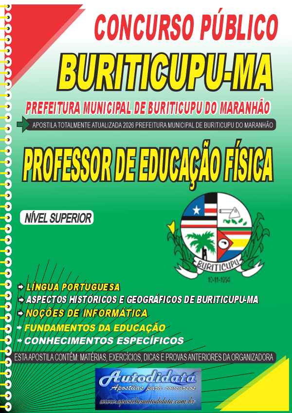 Capa de Apostila concurso de Buriticupu MA 2026 - Professor de Educação Física