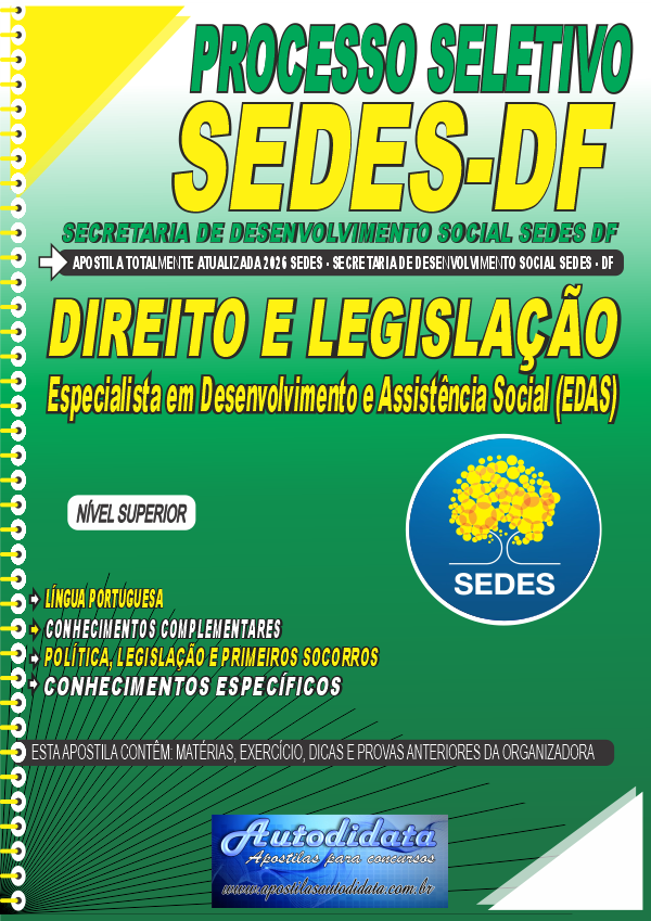 Capa de Apostila concurso Secretaria de Desenvolvimento Social do Distrito Federal SEDES DF 2026 Direito e Legilslação