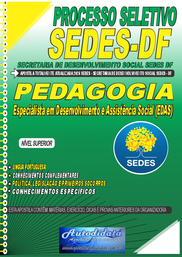Capa de Apostila concurso Secretaria de Desenvolvimento Social do Distrito Federal SEDES DF 2026 Pedagogia