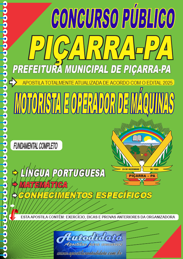Capa de Apostila concurso de Piçarra-PA 2025 - Motorista e Operador de Máquinas Pesadas