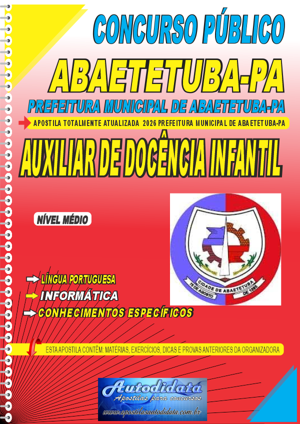 Capa de Apostila concurso Prefeitura de Abaetetuba PA 2026 Auxiliar de Docência na Educação Infantil