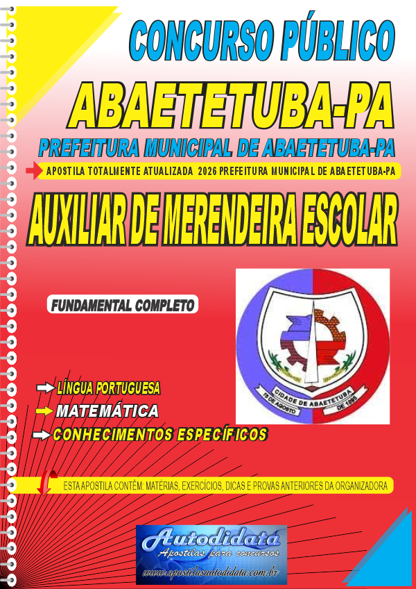 Capa de Apostila concurso Prefeitura de Abaetetuba PA 2026 Auxiliar de Merendeira Escolar