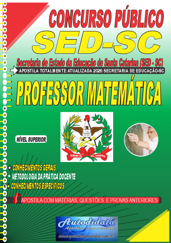 Capa de Apostila concurso Secretaria Educação Santa Catarina - SED/SC 2026 - Professor de Matemática