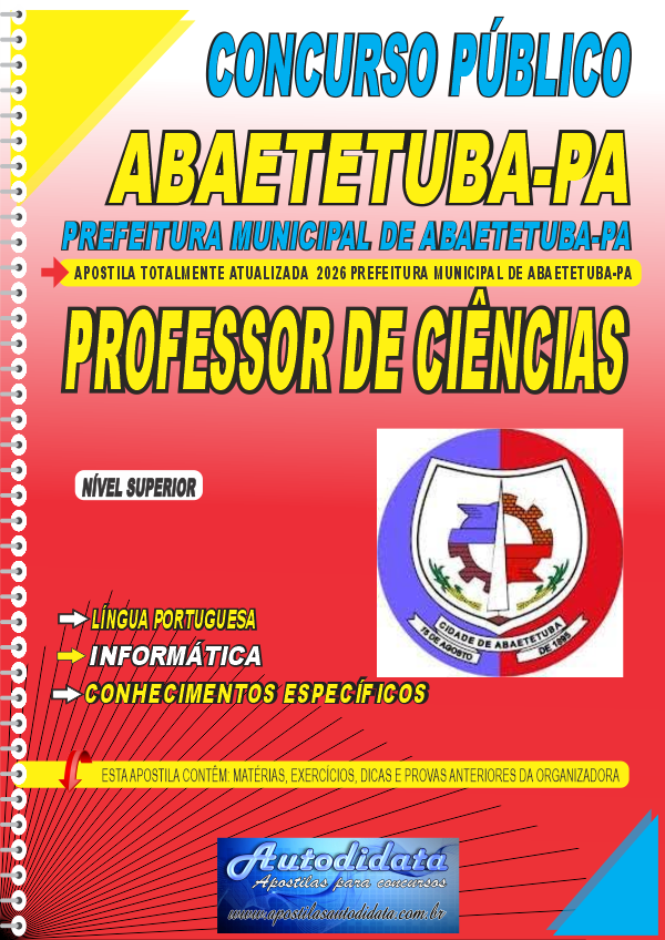 Capa de Apostila concurso Prefeitura de Abaetetuba PA 2026 Professor de Ciências