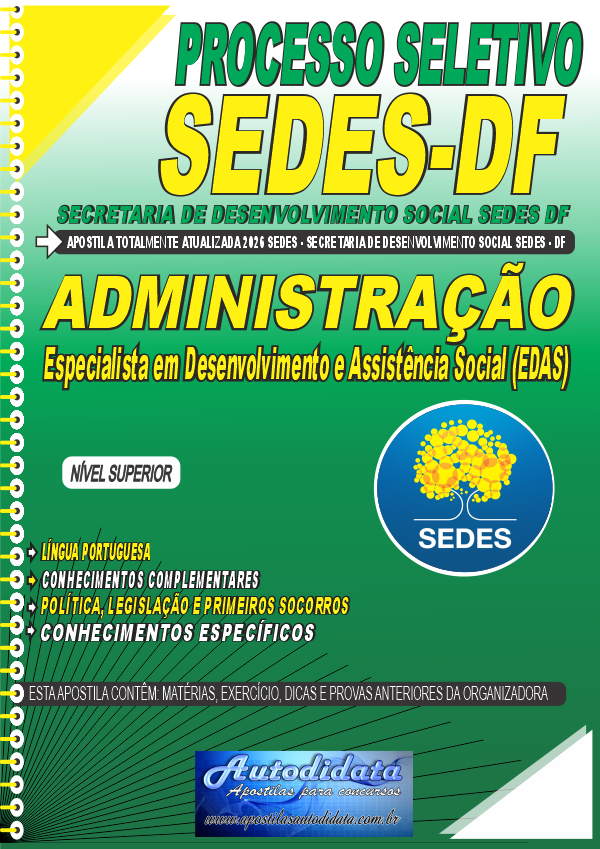 Capa de Apostila concurso Secretaria de Desenvolvimento Social do Distrito Federal SEDES DF 2026 Administração