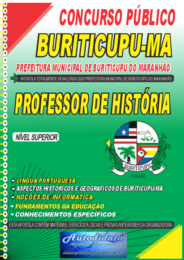 Capa de Apostila concurso de Buriticupu MA 2026 - Professor de História