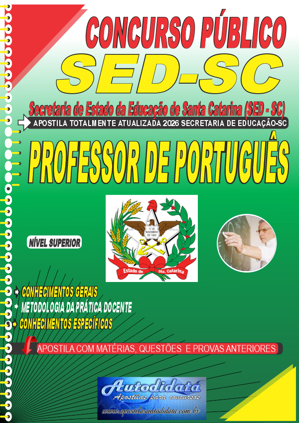 Capa de Apostila concurso Secretaria Educação Santa Catarina - SED/SC 2026 - Professor de Português