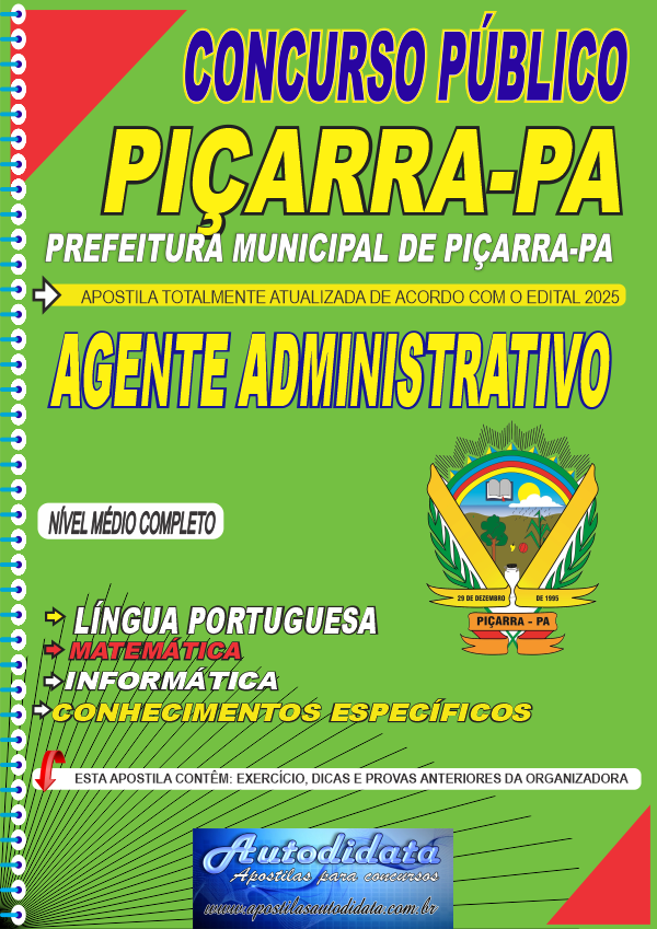 Capa de Apostila concurso Prefeitura de Piçarra-PA 2025 - Agente Administrativo