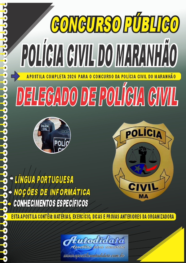 Capa de Apostila concurso Polícia Civil do Maranhão PM-MA 2026 - Delegado de Polícia Civil