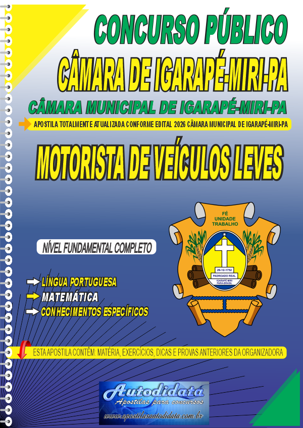 Capa de Apostila concurso Câmara Municipal de Iguarapé-Miri 2026 Motorista de Veículos Leve